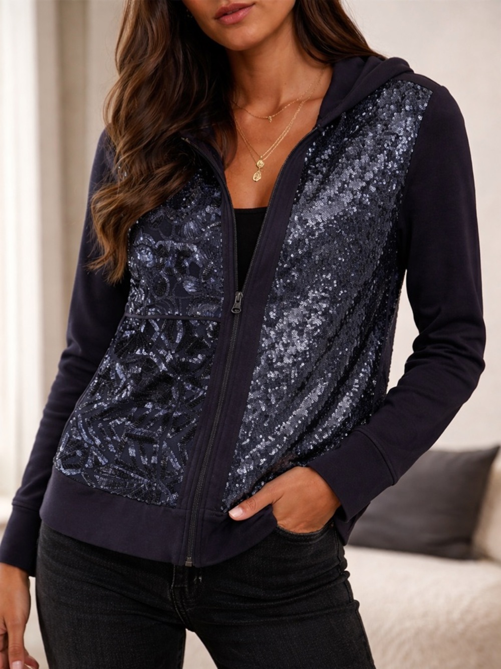 P.A.R.O.S.H. Sequin Patchwork Zip Hoodie Navy Italian Designer Size M